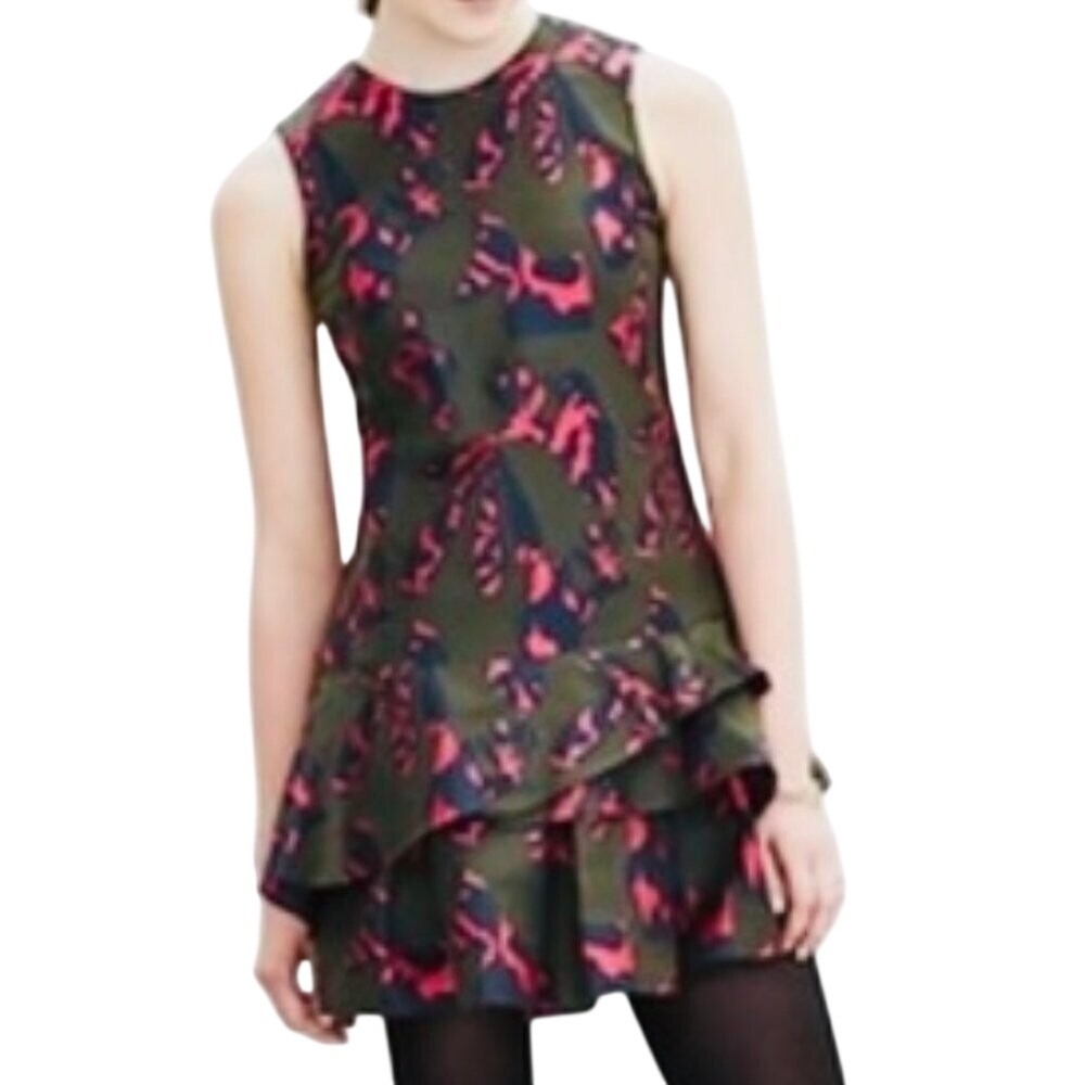 Banana Republic Jacquard Mini‎ Ruffle Dress Women's 4P Olive Green Preppy Modern - Picture 2 of 9
